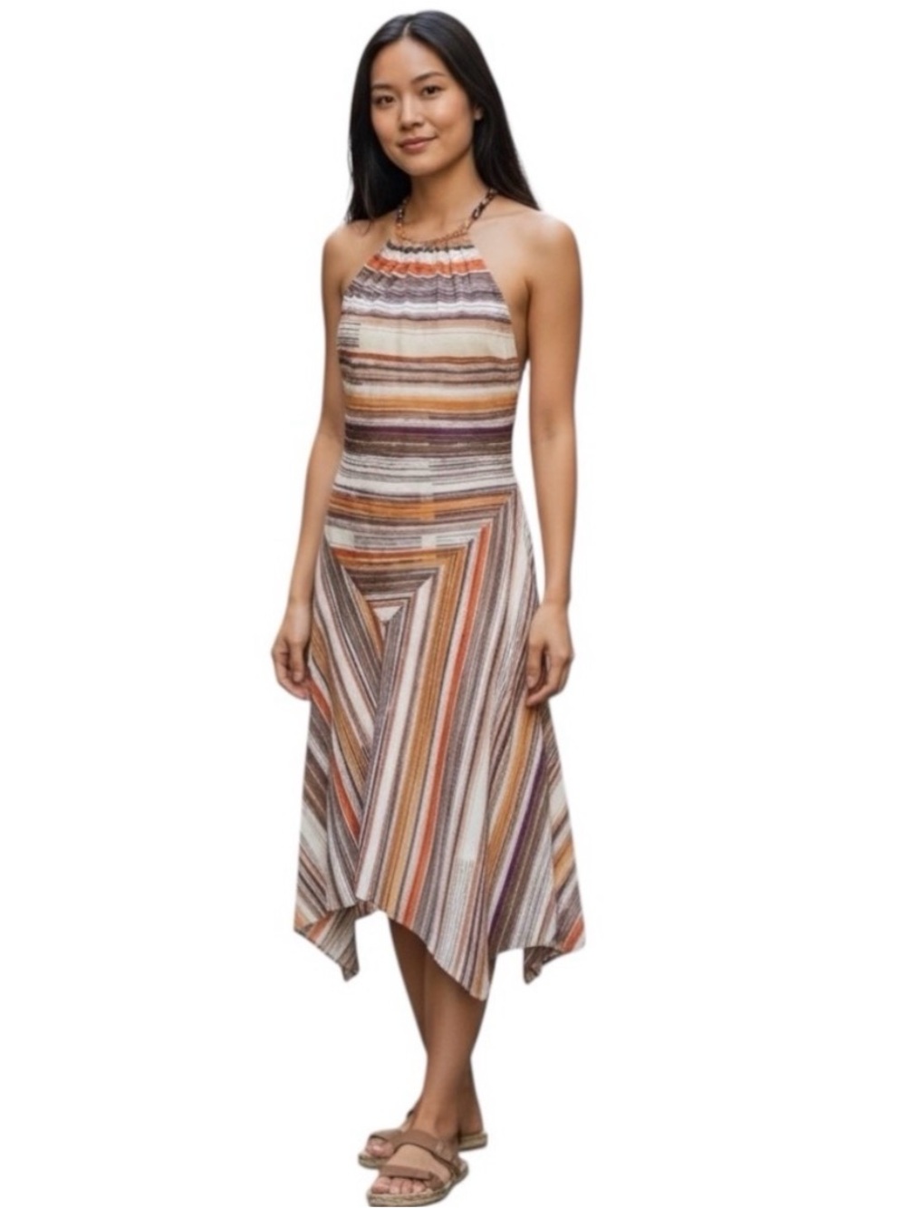 MaxMara Striped Silk Halter Midi Dress in Cream, Brown, Orange, Purple LIKE NEW